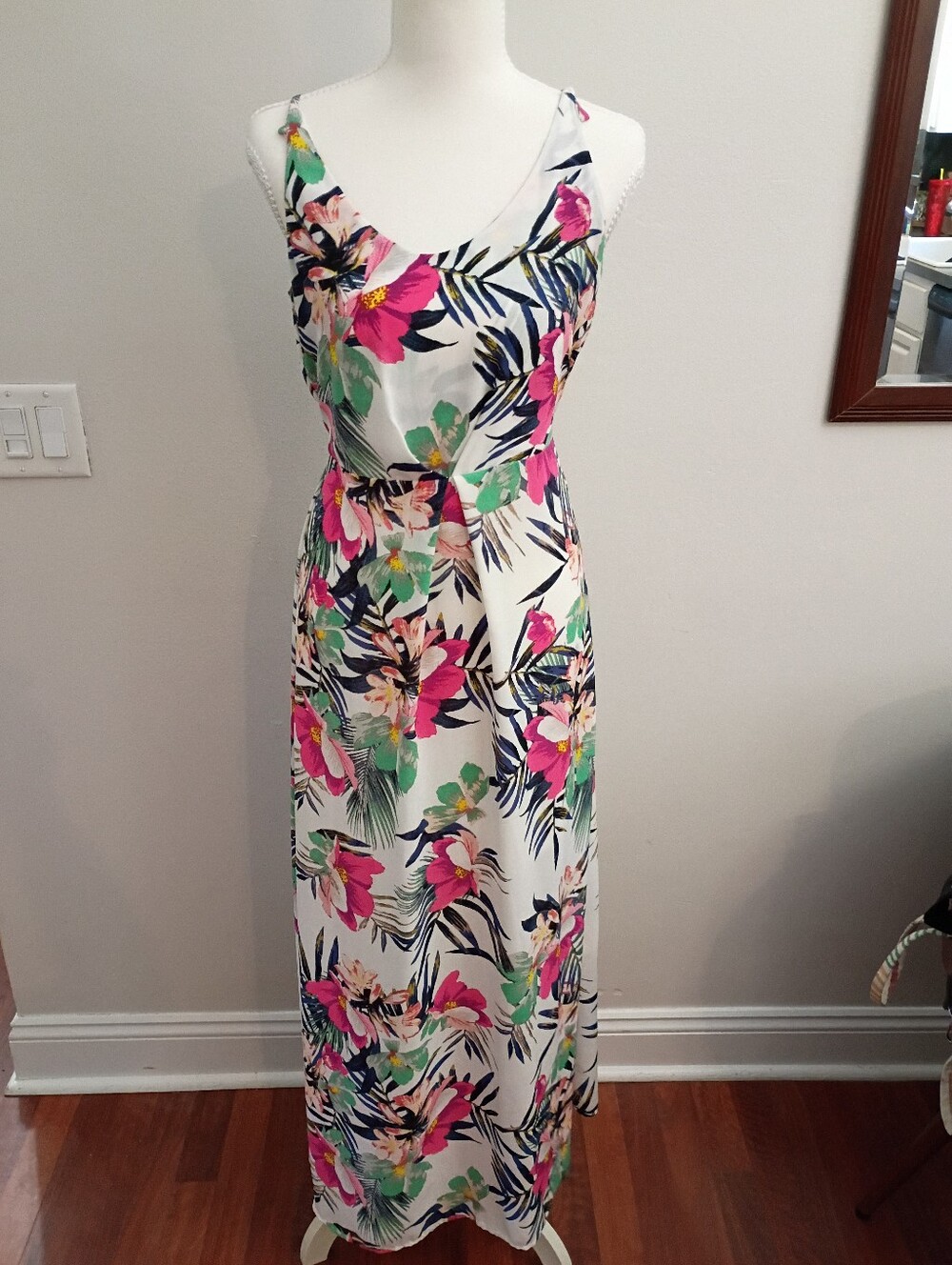 H&M White Maxi Dress with Pink & Green Floral Print